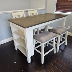 Brand New Dining Set Table, 2 Chairs & 2 Stools White Wash & Top Grey $549 