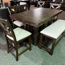 AP- Extension dining table, 4 upholstered chairs and upholstered bench/ Financing - Fast Delivery 