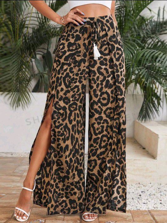Tassel Tie Waist Leopard Wide Leg Pants (Size Large)