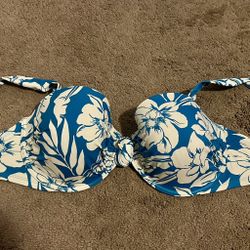38DD Blue And Cream Flower Underwire Bathing Suit Top