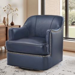 Yurevna Leather Swivel Accent Chair 28.1-in W Modern Navy Faux leather Swivel Barrel Armchair