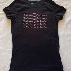 Nautica Black Tee with Pink and Silver Script Logo. XS size.