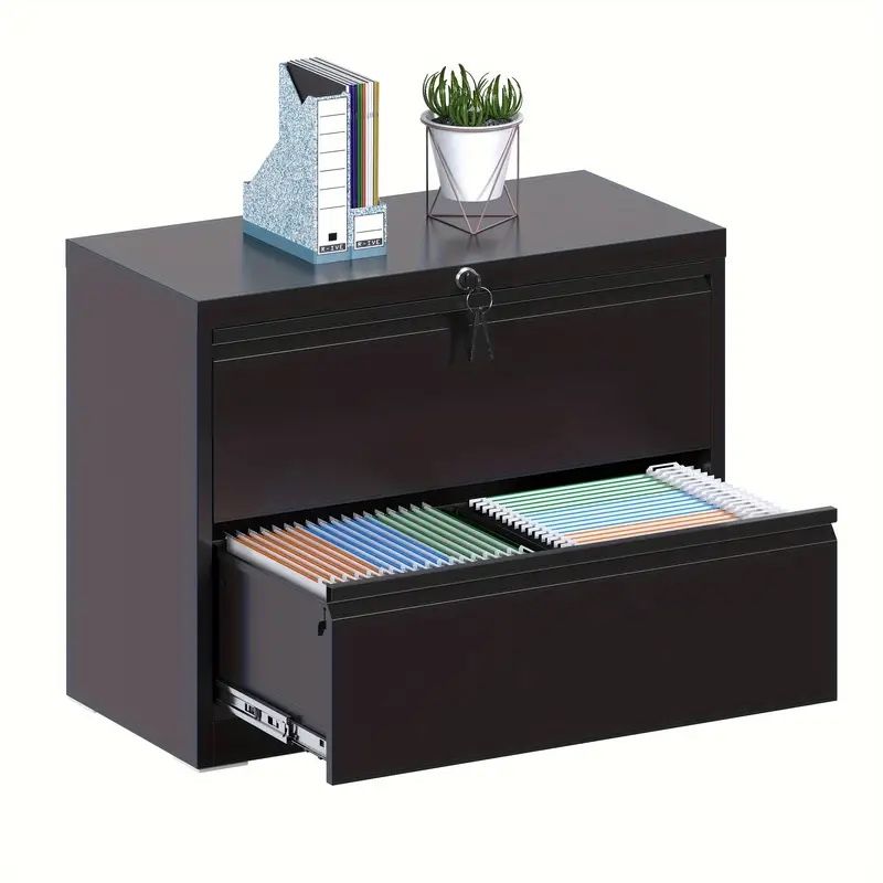 2 Drawer Metal Lateral File Cabinet With Lock, Wide Filing Cabinet For Home Office, Steel File Cabinet For Legal/Letter, Assembly Required, Black