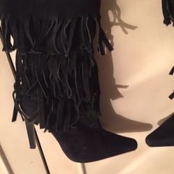 Women's black Fringe high heel boot Sz 6