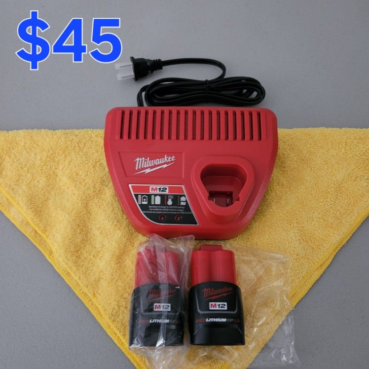 New Milwaukee 1.5ah Battery set (12-Volt) ($45 for two batteries and one charger)