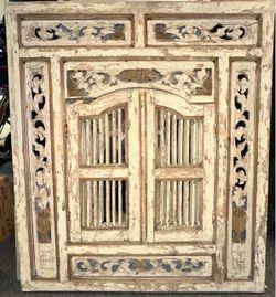Vintage Balinese Hand-Carved Teak Shutter Mirror 36” x 31” – Indonesia