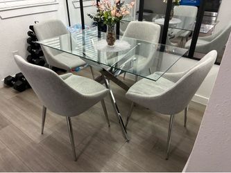Glass Dining Table Four Soft Fabric Chairs