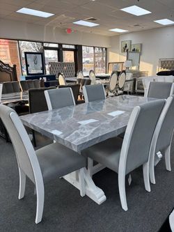 Rich look White/Grey Marble look dining set w/Crossed leg base