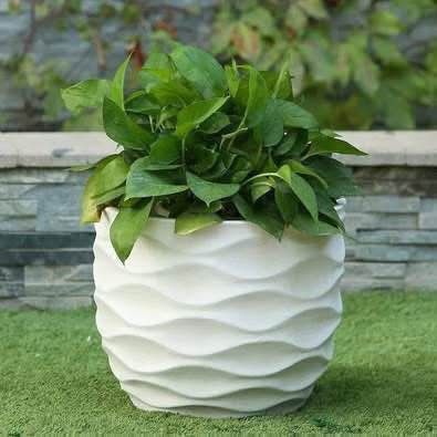 New LuxenHome 17" D Round Planter Large Indoor Outdoor Plant Pot White Horizontal Waves MgO Planter