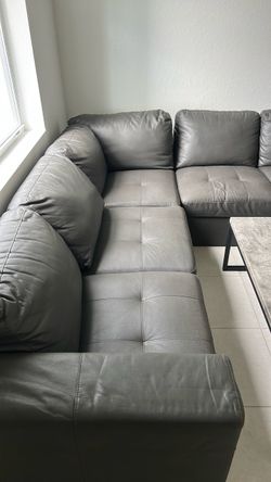 Dark Gray Leather Sectional Sofa, Lamp