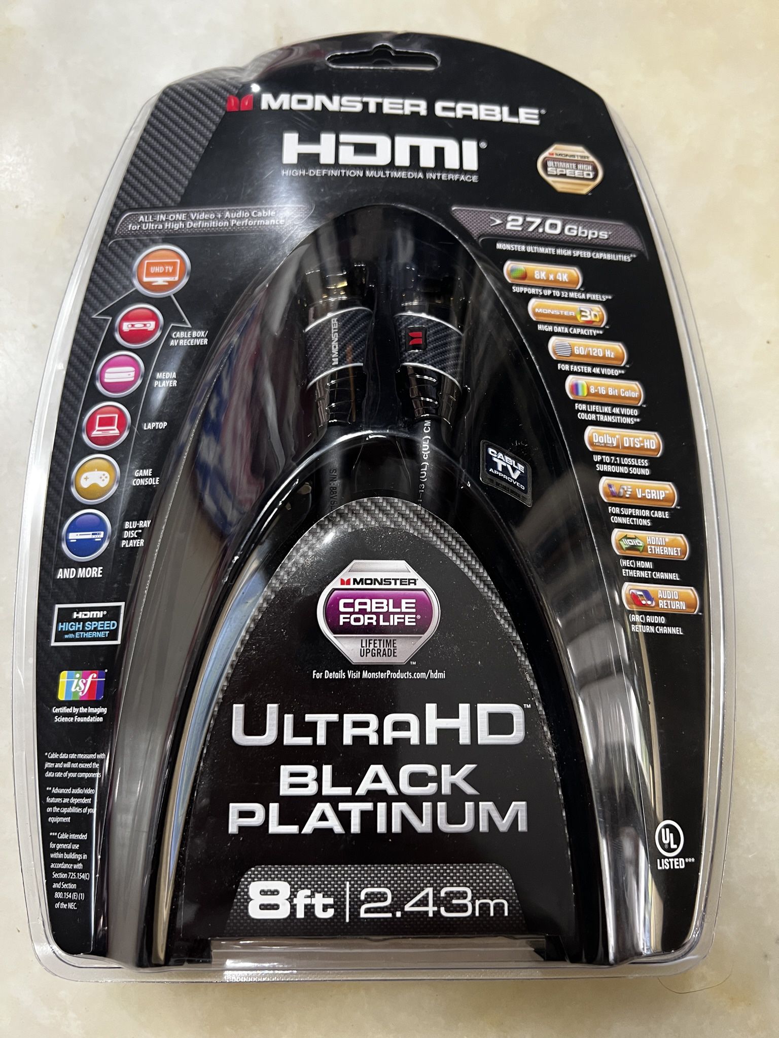 Monster Cable Black Platinum 8ft 4K Ultra High Speed UHD HDMI Cable