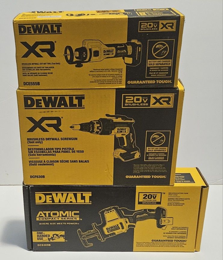 DEWALT XR BRUSHLESS DRYWALL CUT-OUT TOOL, XR BRUSHLESS DRYWALL SCREWGUN AND ATOMIC RECIPROCATING SAW (TOOL ONLY)