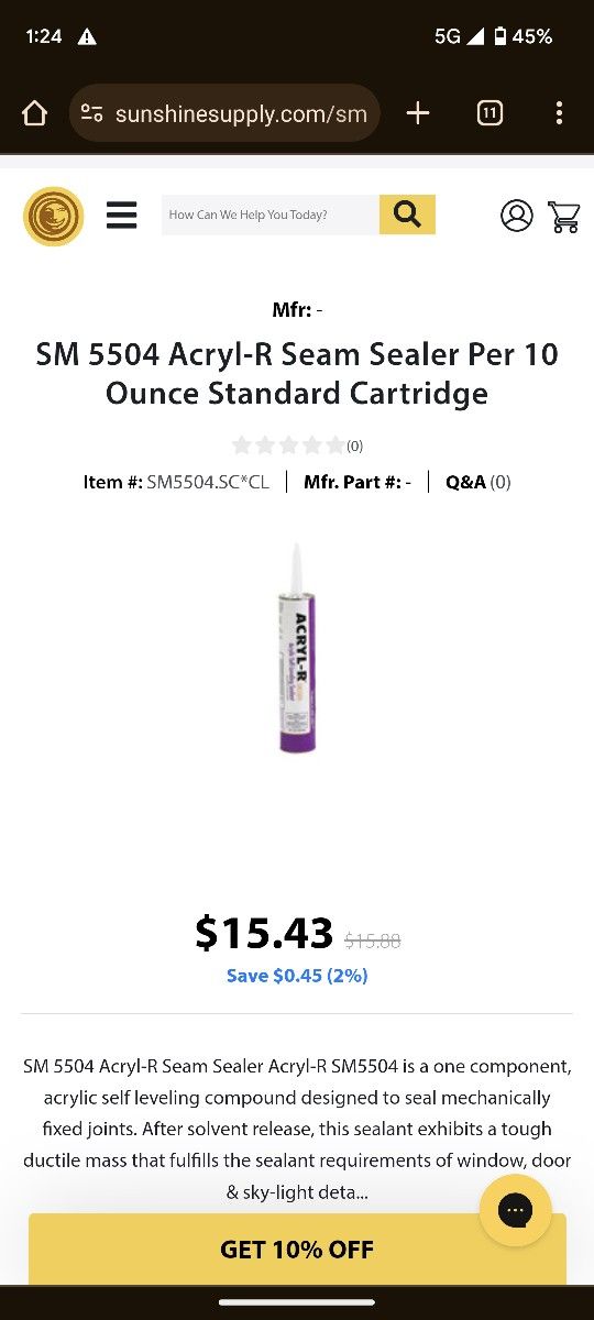 SM 5504 Acryl-R Seam Sealer Per 10 Ounce Standard Cartridge