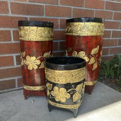 Set Of Vintage Flower Pot Planters with flower beads decorations gold leaf 