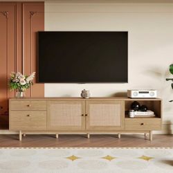 Boho Wood TV Stand with Real Rattan