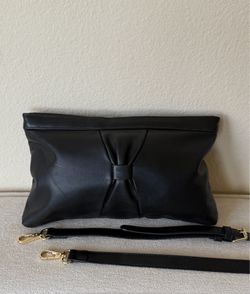 Vintage Black Genuine Leather Clutch Purse Bow Detail Crossbody Bag TJW Mervyn's
