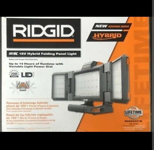 NEW RIDGID HYBRID GEN5X AC/DC 18V AND 110V FOLDING PANEL LED FLOOD LIGHT - TOOL ONLY