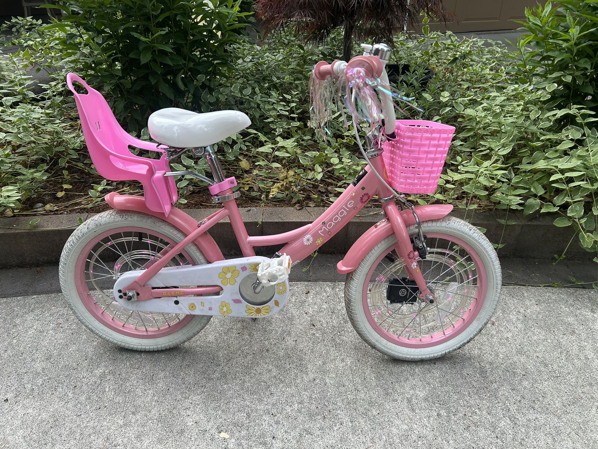 Girls Pink Bike With Basket And Doll Seat, 16” Wheels