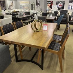 Brown/Black Dining Set / 7pc Solid wood tabletop with natural live edge