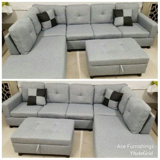 Brand New Light Gray Linen Fabric Sectional With Storage Ottoman