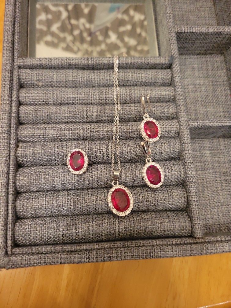 Man-made Ruby Set (Necklace, Earrings And Ring)