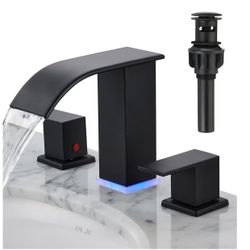Bathroom Faucet 3 Hole, Matte Black Waterfall Bathroom Faucets, 8 Inch Widespread Modern Bathroom Sink Faucet & Parts, Wide Spread Touch On Three Hole