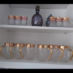 12 Collection Drinking Glass Cups Real Crystal With Real Gold Plated, 6 Large, 6 Small, Excellent Condition Like New