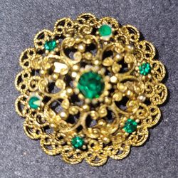 Vintage JJ Brooch Gold Tined With green Stones. 1940's or 50's
