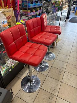 Red Tufted Bar Stools with Chrome Base – Set of 3
