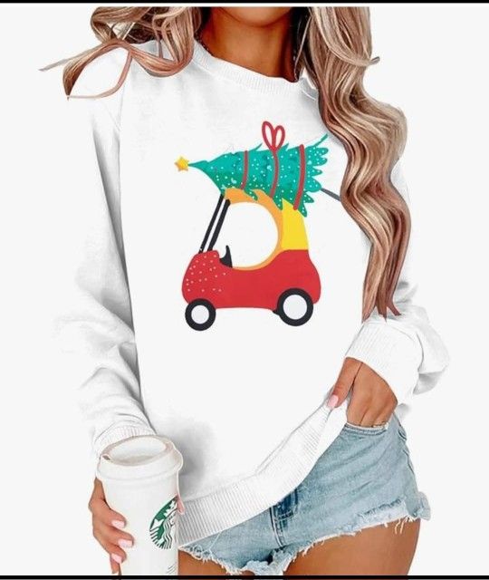 Women's L Graphic Print Long Sleeve Sweatshirt, Casual Crew Neck Pullover.