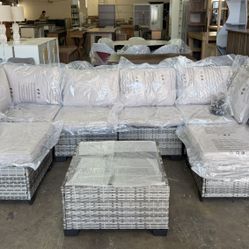 7-Piece Outdoor Patio Furniture Set All-Weather Outdoor Sectional Sofa Grey Wicker Conversation Sofa Set with Coffee Table and Cushions