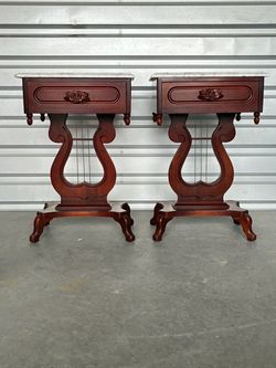 Antique Rosewood Harp End Tables w/Marble Tops