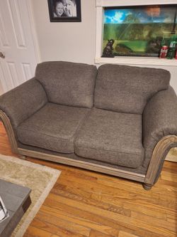 Gray Fabric Loveseat and couch with Wood Frame