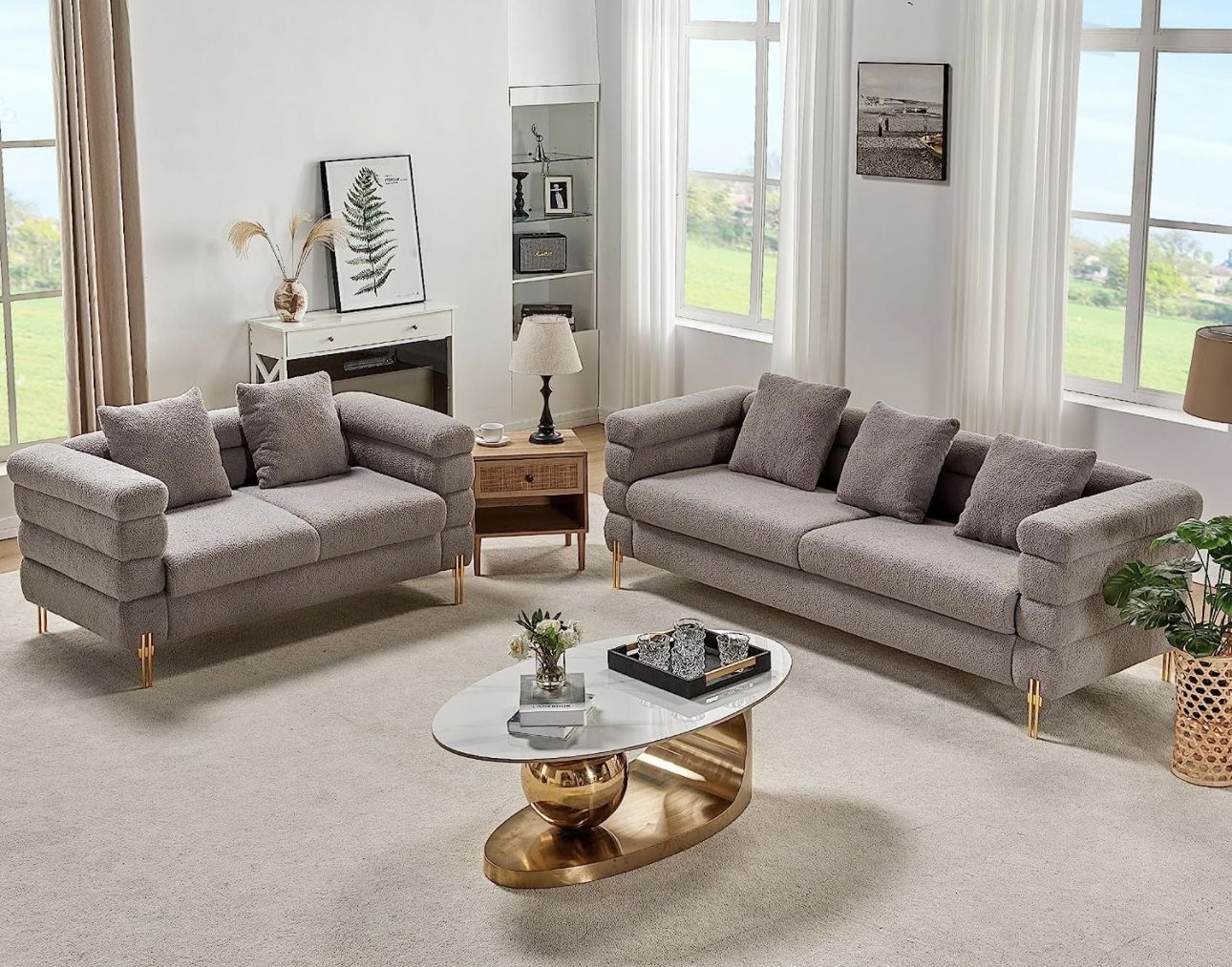NEW Bouclé Couch and Loveseat Two Piece Living Room Set Stone Gray