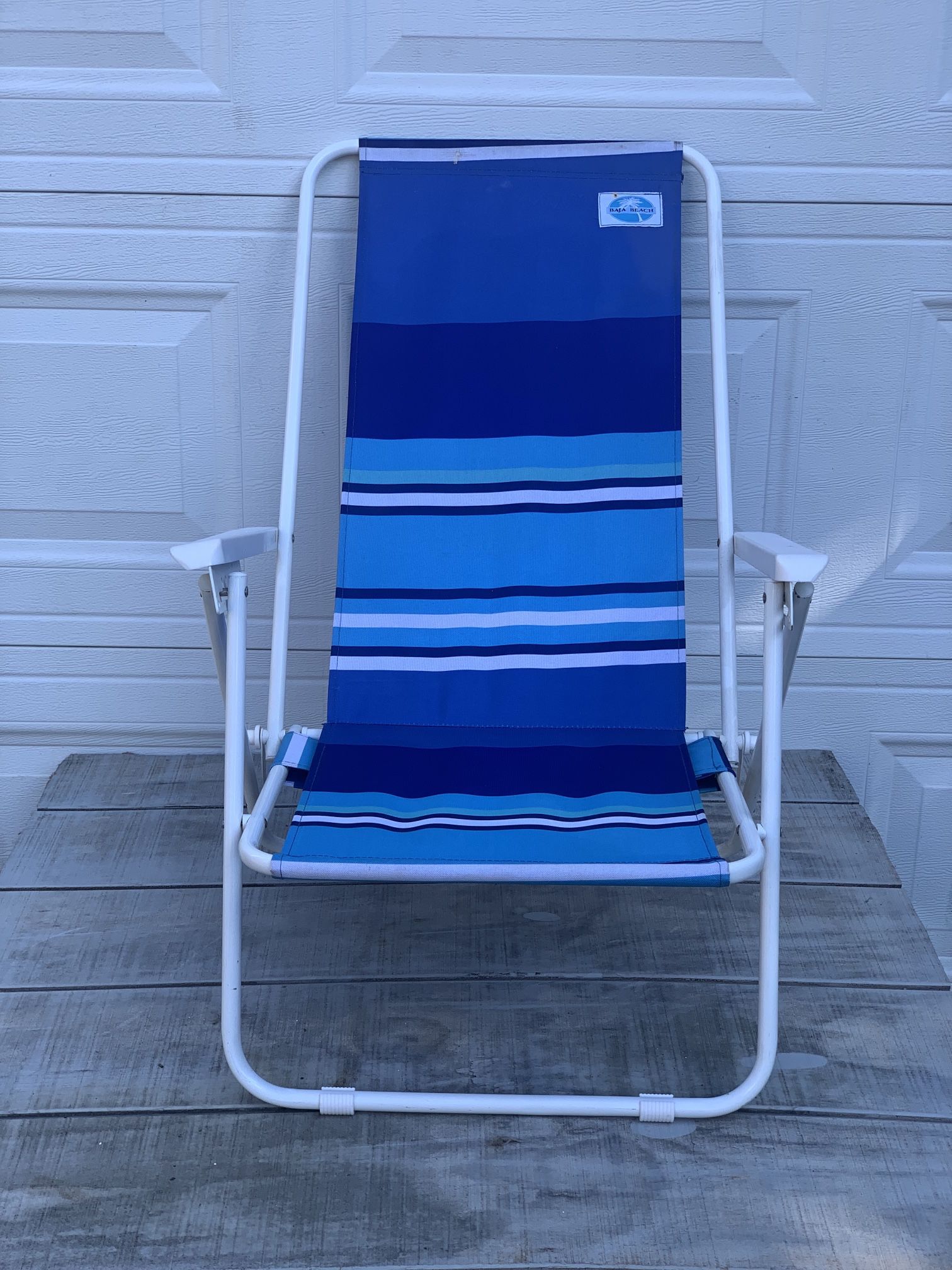 Baja Beach 5-Position Folding Chair Blue Stripe Steel Frame Reclining Beach Lounger
