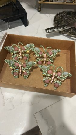 4 Gold Hand Beaded Butterfly Napkin Rings 