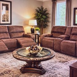 Complete Living Room Furniture And Decor Package: Reclining, Sofas, Recliner, Tables, and Wall Art