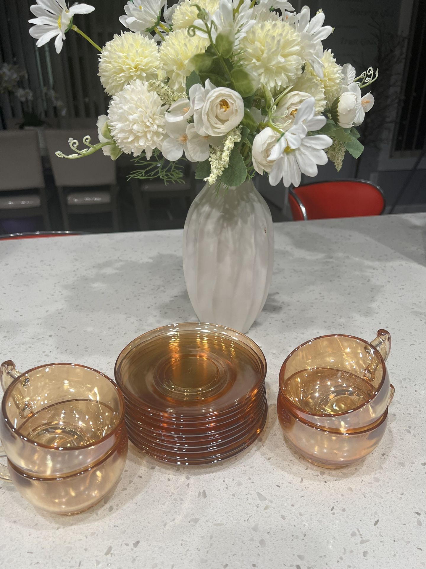 Vintage Set of 4 Peach Luster Glass Mugs and 9 plates