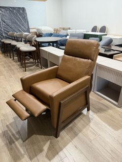Recliner Chair for Living Room, Brown Mid-Century Modern Push Back Recliner, Faux Leather Accent Armchair with Solid Wood Legs and Padded Seat for Sma