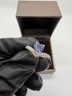 Heart Blue Synthetic Sapphire Ring For Women | 925 Silver |  Zircons | Size 5.3
