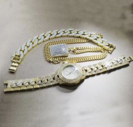 New 18 k yellow gold 3 piece set ( Cuban necklace watch and bracelet)