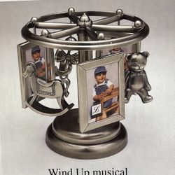 Lawrence Frames Pewter Baby Wind Up Musical Carousel Picture Frame