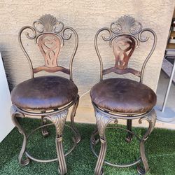 2 Wrought Iron and Leather Swivel Bar Height Stools with Footrests
