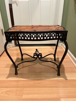 Vintage Coffee Side Table Bamboo Top Framed By  Black Wrought  Iron Base H19” W 22” D 15”