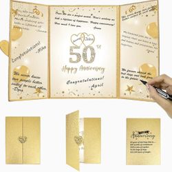 Gold 50th Wedding Anniversary Decorations, Happy 50th Anniversary Guest Book with Happy Birthday Cake Topper Cooking 