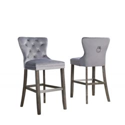 24″ Tufted Velvet Upholstered Bar stool in Weathered Grey, Set of 2
