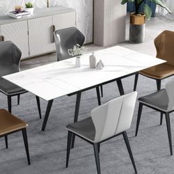Modern Extendable Dining Table for 4-8 People, 71" Rectangular White Kitchen Table with Sintered Stone Faux Marble Tabletop for Dining Room