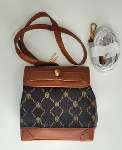 Vintage-style brown monogram crossbody bag with gold chain