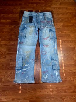 Elite Premium Men's Light Blue Distressed Graffiti Relaxed-fit Jeans