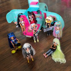 8 LOL Surprice Dolls With Drums Piano Noises Up /busWith Pool/ atached Furniture/ Lights/Noises Up/only /some Clothing 